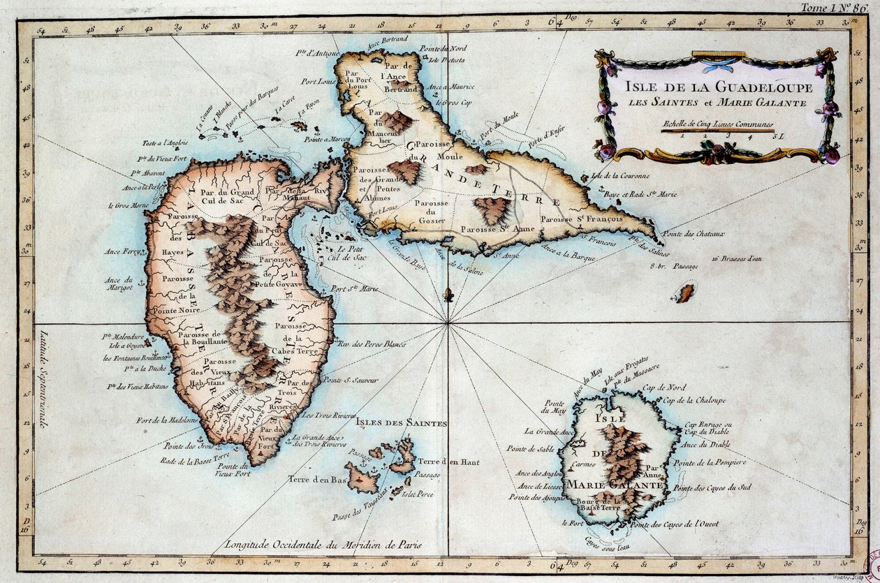 Kort over øen Martinique, øen Saintes og øen Marie Galante i Vestindien. Gravering af Chartres fra det 19. århundrede, Musee des Beaux Arts af French School