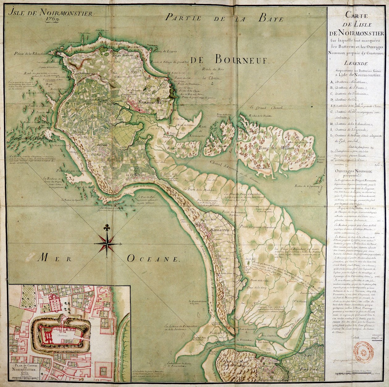 Kort over øen Noirmoutier ledsaget af et kort over slottet, lavet i 1769. af French School