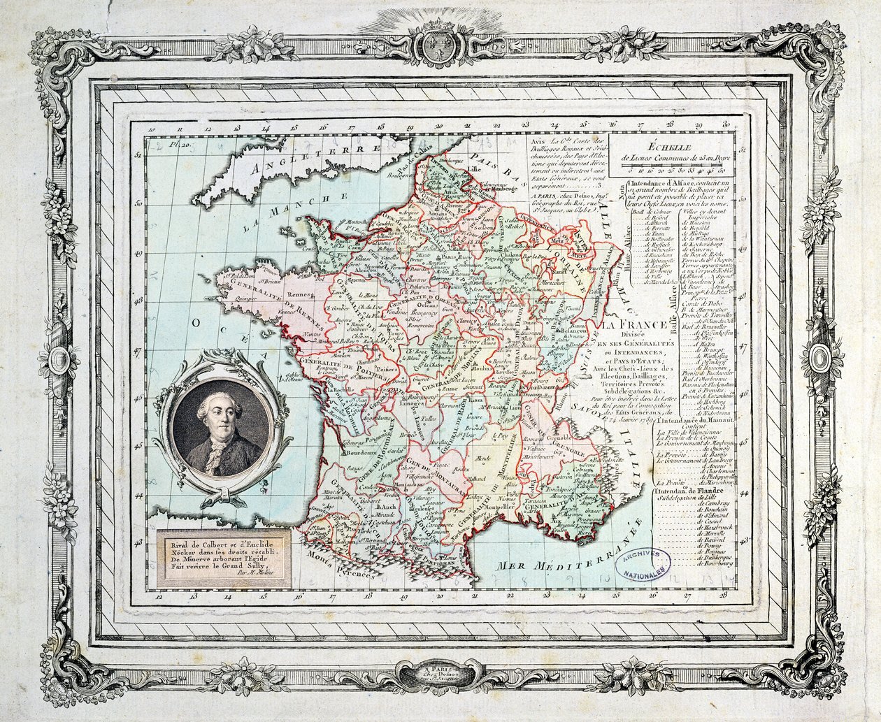 Kort over regioner og distrikter i Frankrig, kendt som Carte de Necker, 1789 af French School