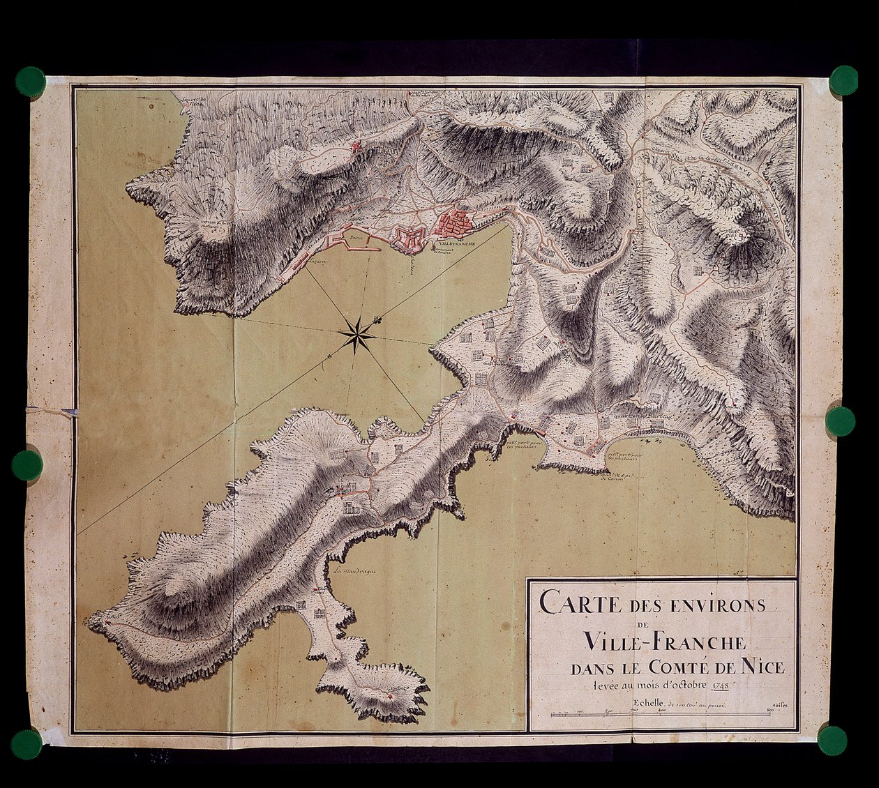 Kort over omgivelserne i Villefranche i greven af Nice-dammen i oktober 1748 af French School