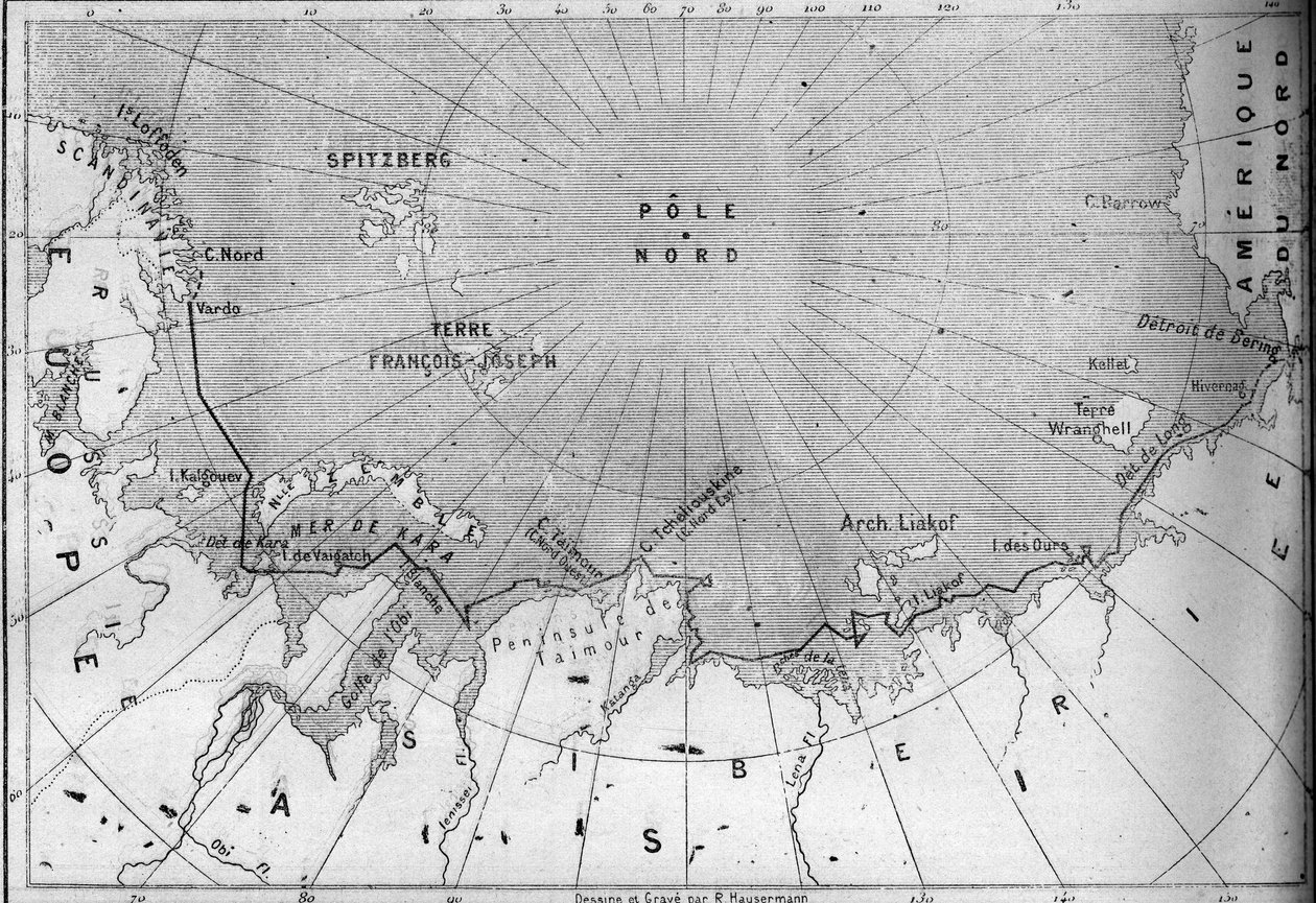 Kort over "Vegas"-rejsen sporet af opdagelsesrejsende Nils Adolf Erik (Eric) Baron Nordenskjold (Nordenskiold) (1832-1901). I 1878 gik Nordenskjold fra Atlanterhavet til Stillehavet langs Sibiriens kyst. Indgravering i "" Le Monde Illust af French School