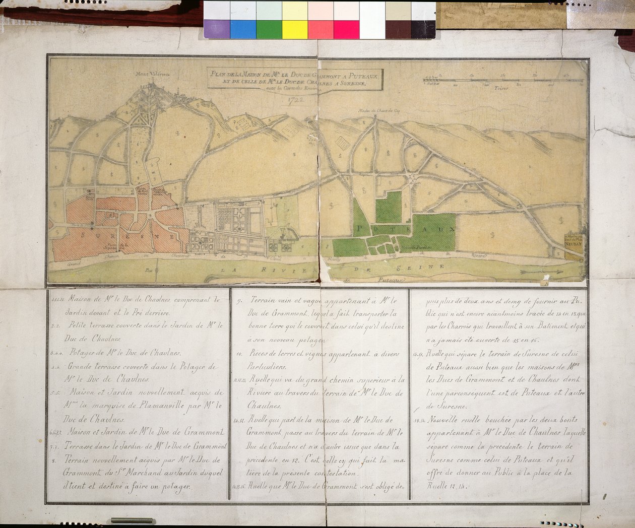 Kort, der viser Chateau de Puteaux, 1722 (wc på papir) af French School