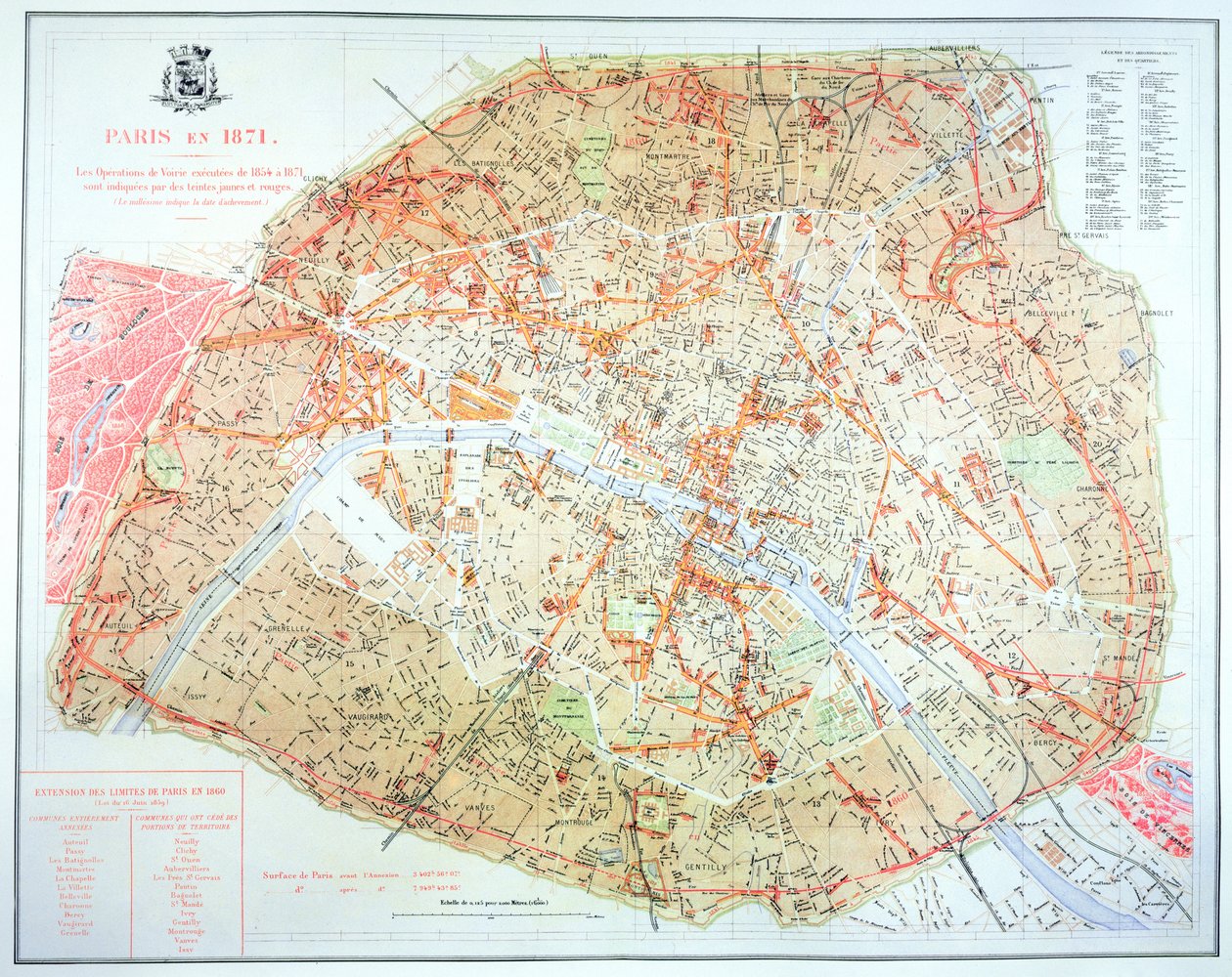 Kort, der viser omfanget af arbejdet under Haussmann-perioden med udvikling i Paris fra 1854-71, 1871 af French School