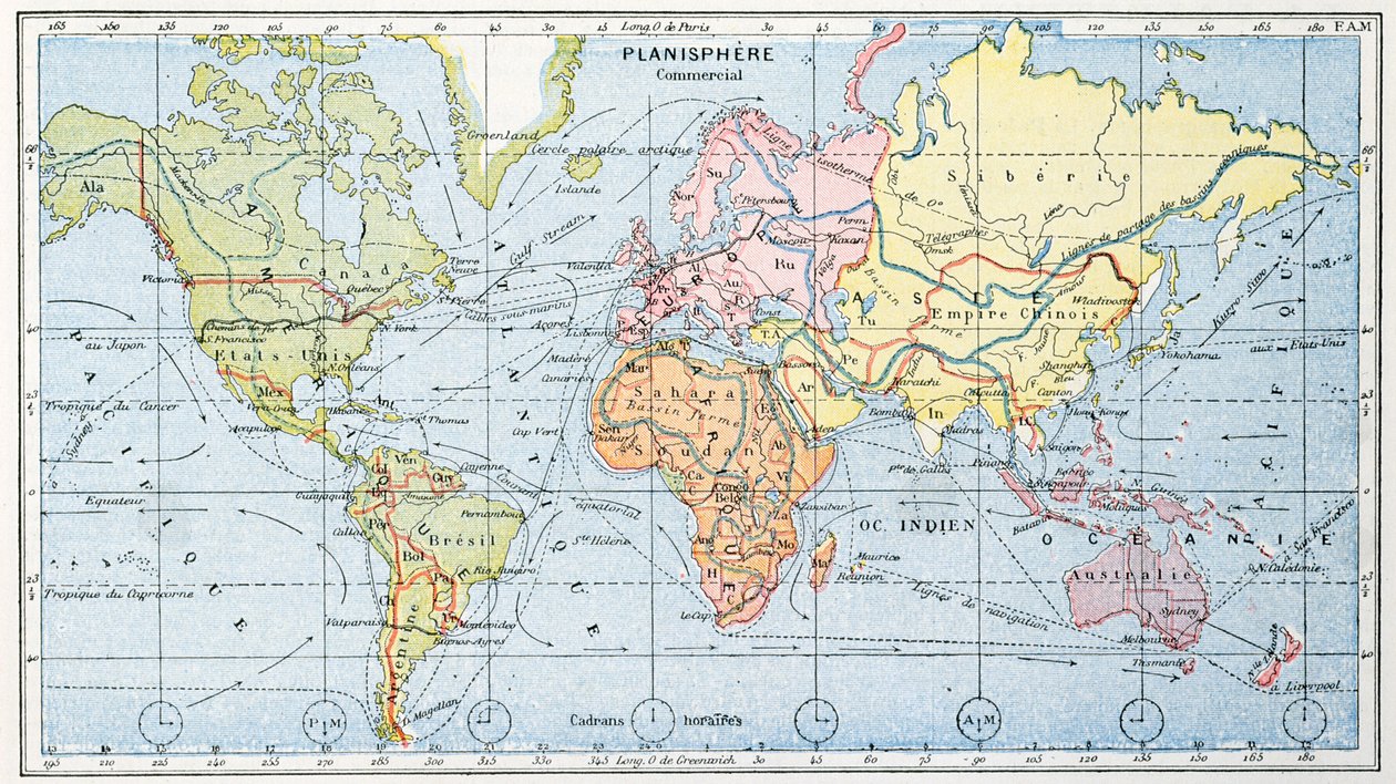 Kort, der viser de vigtigste verdenshandelsfartsruter, 1912 af French School