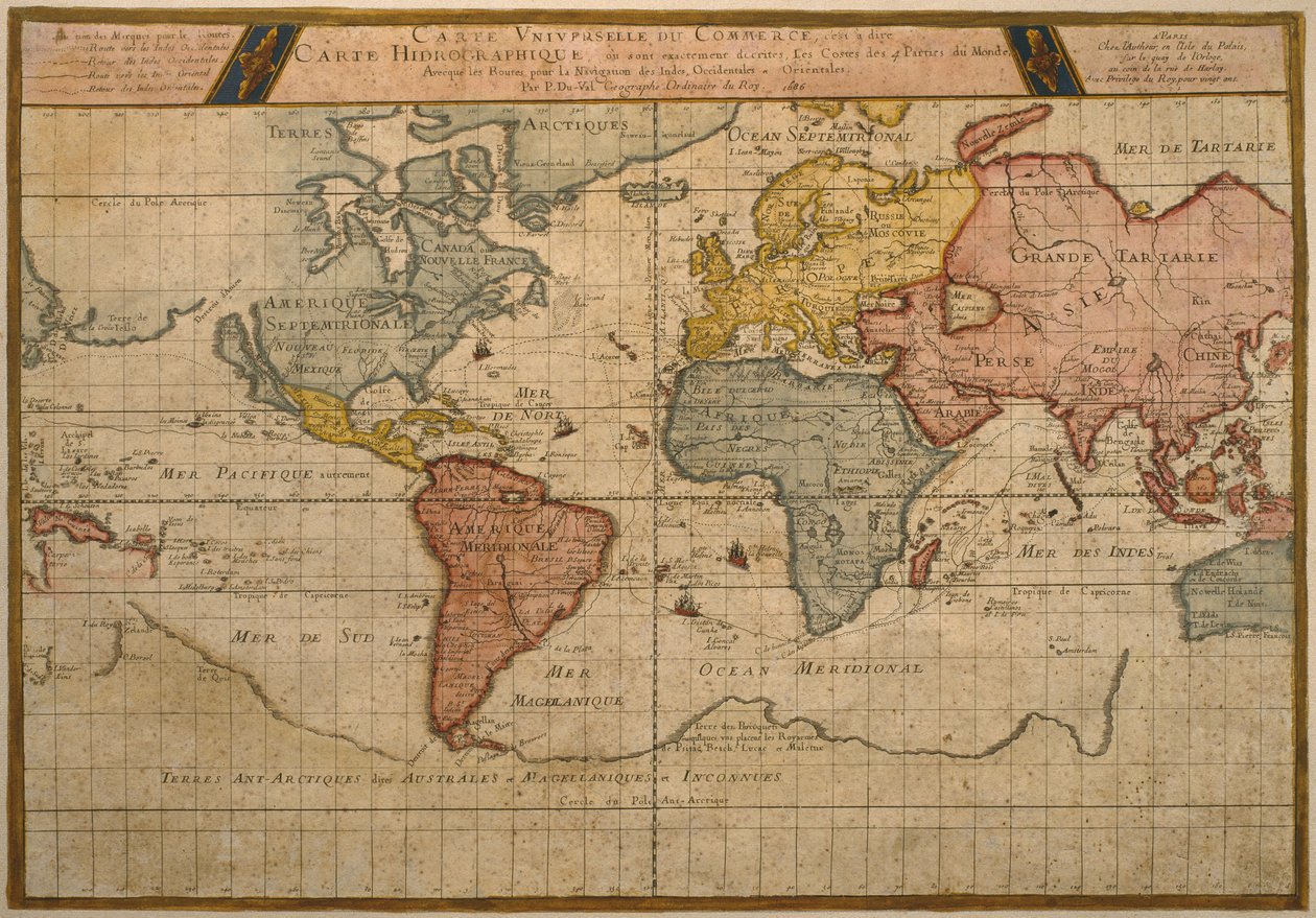 Kort, der viser verdenshandelens skibsruter, kartografi af Pierre Duval (1619-83) udgivet i 1686, Paris (farvegravering) af French School