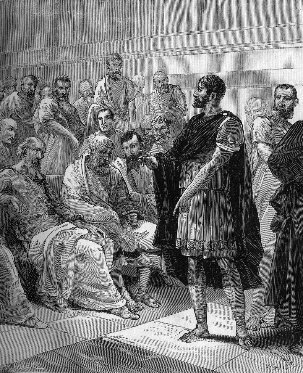 Marcus Atilius Regulus før det romerske senat - Den romerske konsul Marcus Atilius Regulus (ca. 256 f.Kr.) før det romerske senat - i "Popular history of videnskab, opfindelser og opdagelser fra de første århundreder til i dag" af Bitard Adolphe 1880 af French School