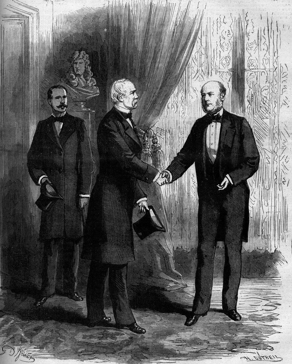 Marechal Patrice de Mac Mahon (Mac-Mahon) (1808-1893) lykønsker sin efterfølger til præsidentposten i Den Franske Republik, Jules Grevy (1807-1892). Indgravering i "" Le Monde Illustré"" nr. 1141 af 8. februar af French School