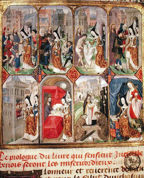 Margaret af York (d. 1503) Karl den Dristiges tredje hustru (1433-77) hertug af Bourgogne, udfører velgørende handlinger, fra 