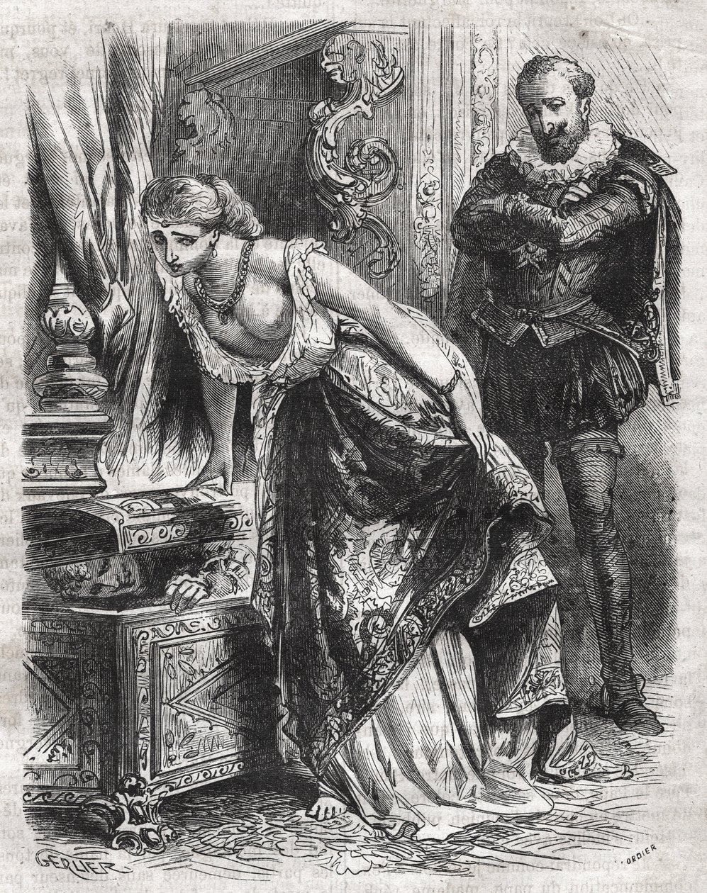 Marguerite de Valois (1553-1615), kendt som dronning Margot, gemmer Julien de Leris, sin elsker, i et pengeskab. Hendes mand, kong Henrik IV af Frankrig (1553-1610), observerer scenen med sjov. 16. århundrede. Indgravering fra 1871 i "Histoire Des Cocuses  af French School