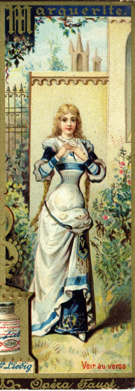 Marguerite i operaen Faust af Charles Gounod skabt i 1859 efter stykket af Johann Wolfgang von Goethe. Alfabet af kvindenavne om temaet: feminine kostumer og operaer. Liebig reklamekromolitografi. af French School
