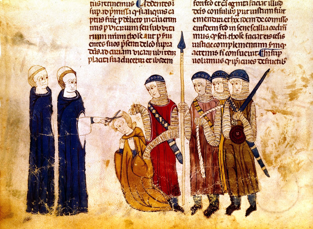 Marguerite af Burgund (1290-1315), hustru til den franske kong Louis X, får klippet sit hår af for utroskab (pergament) af French School