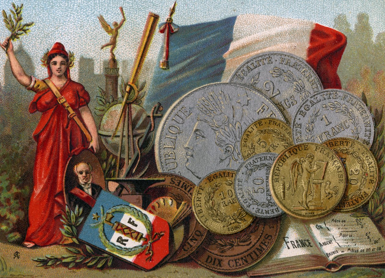 Marianne ved siden af det franske Tricolore flag, en globus og teleskop og en udstilling af francs, ca. 1890 af French School