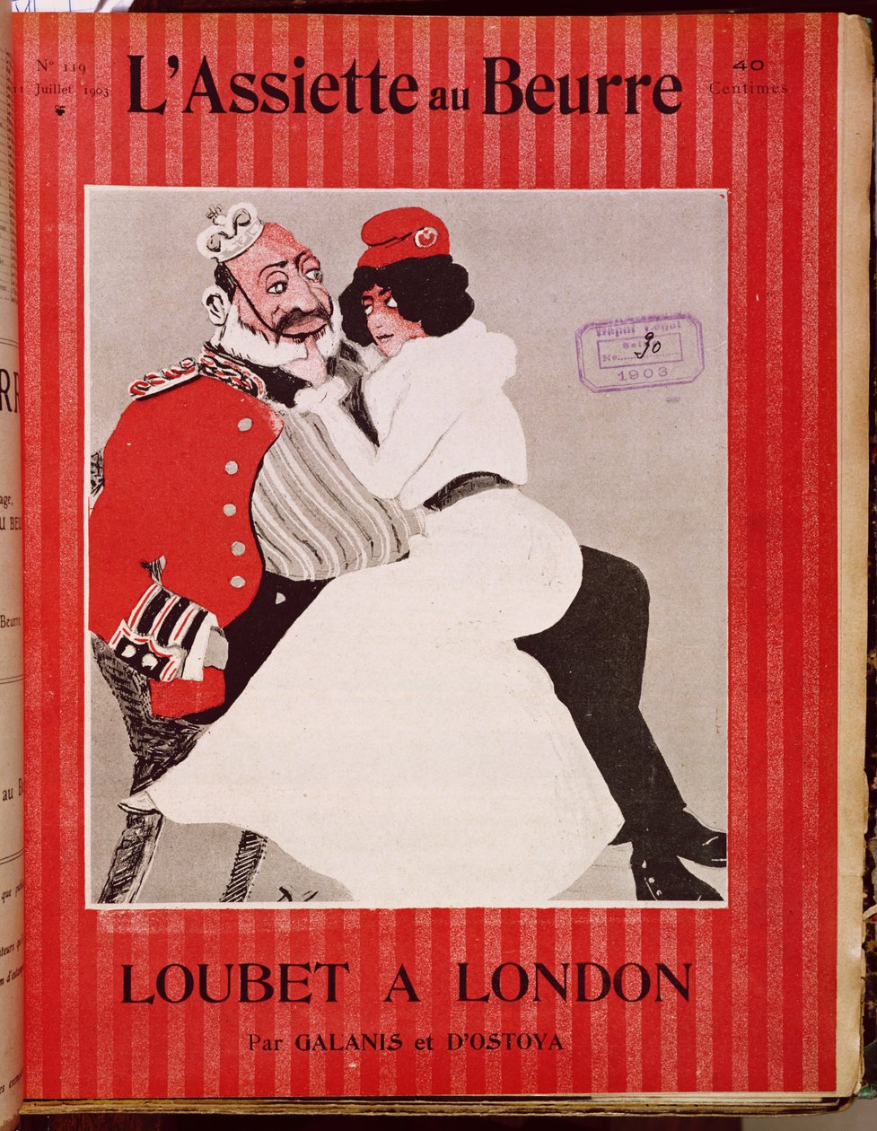 Marianne sidder på knæene af kong Edward VII (1841-1910), forside af LAssiette au Beurre, 11. juli 1903 af French School