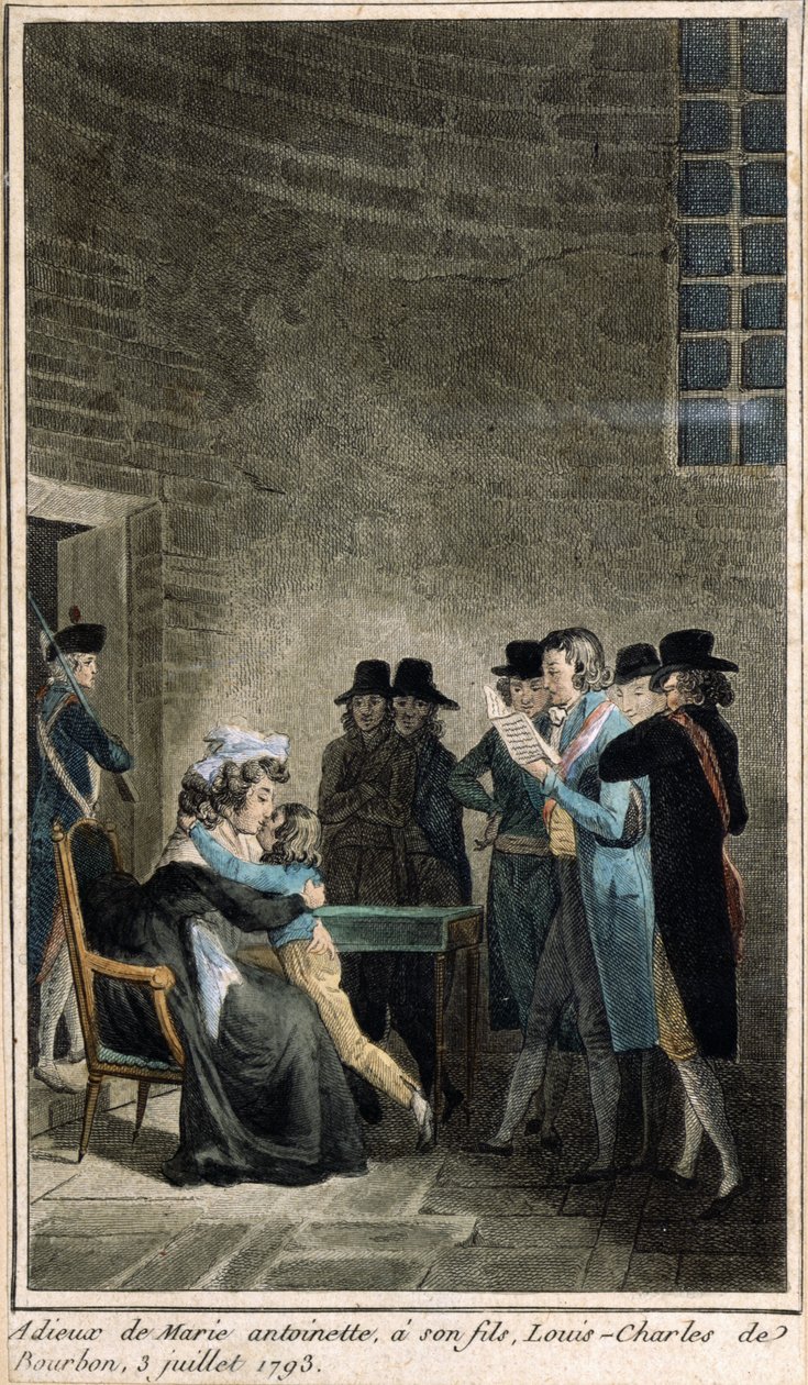 Marie-Antoinette (1755-1793) tager afsked med sin søn Dauphinen, Louis-Charles de Bourbon (1785-1795) ved templet, 3. juli 1793, (farvegravering lavet på tidspunktet for restaureringen af monaen) af French School