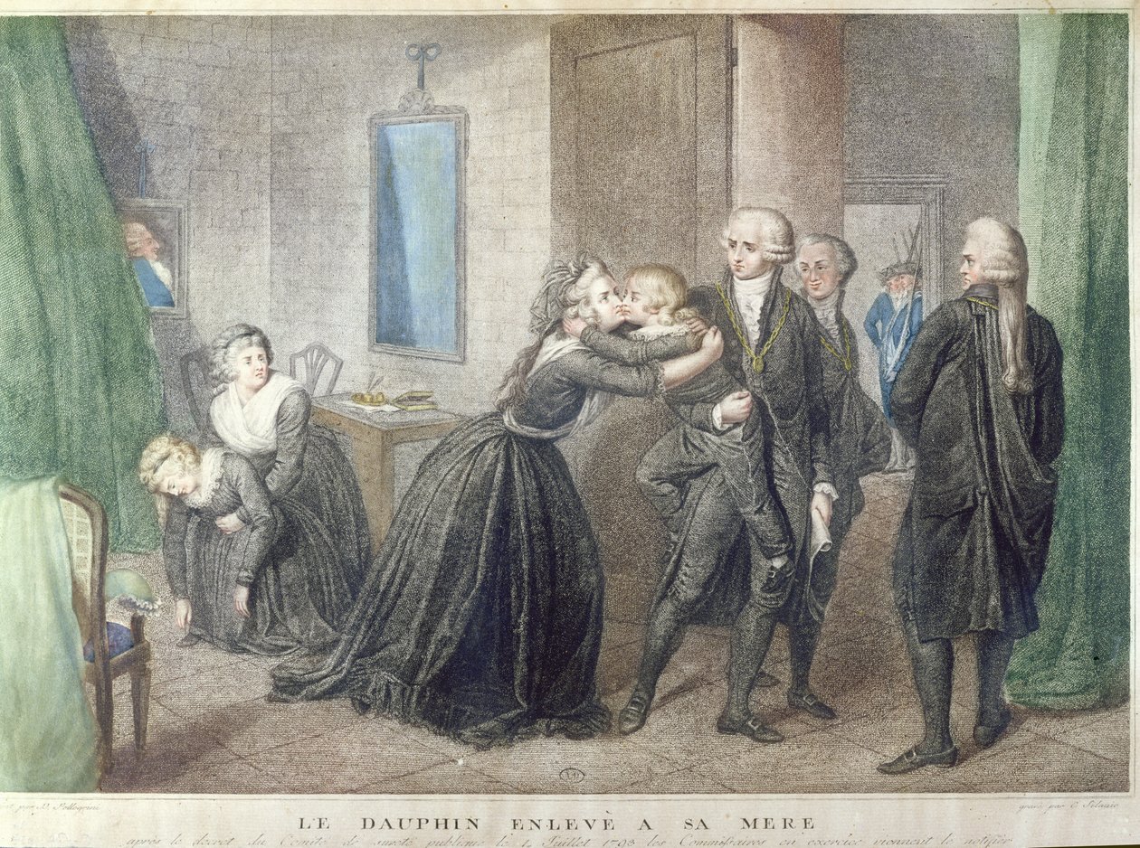 Marie-Antoinette (1755-1793) tager afsked med sin søn Dauphinen, Louis-Charles de Bourbon (1785-1795) ved templet, 3. juli 1793, (farvestik) af French School