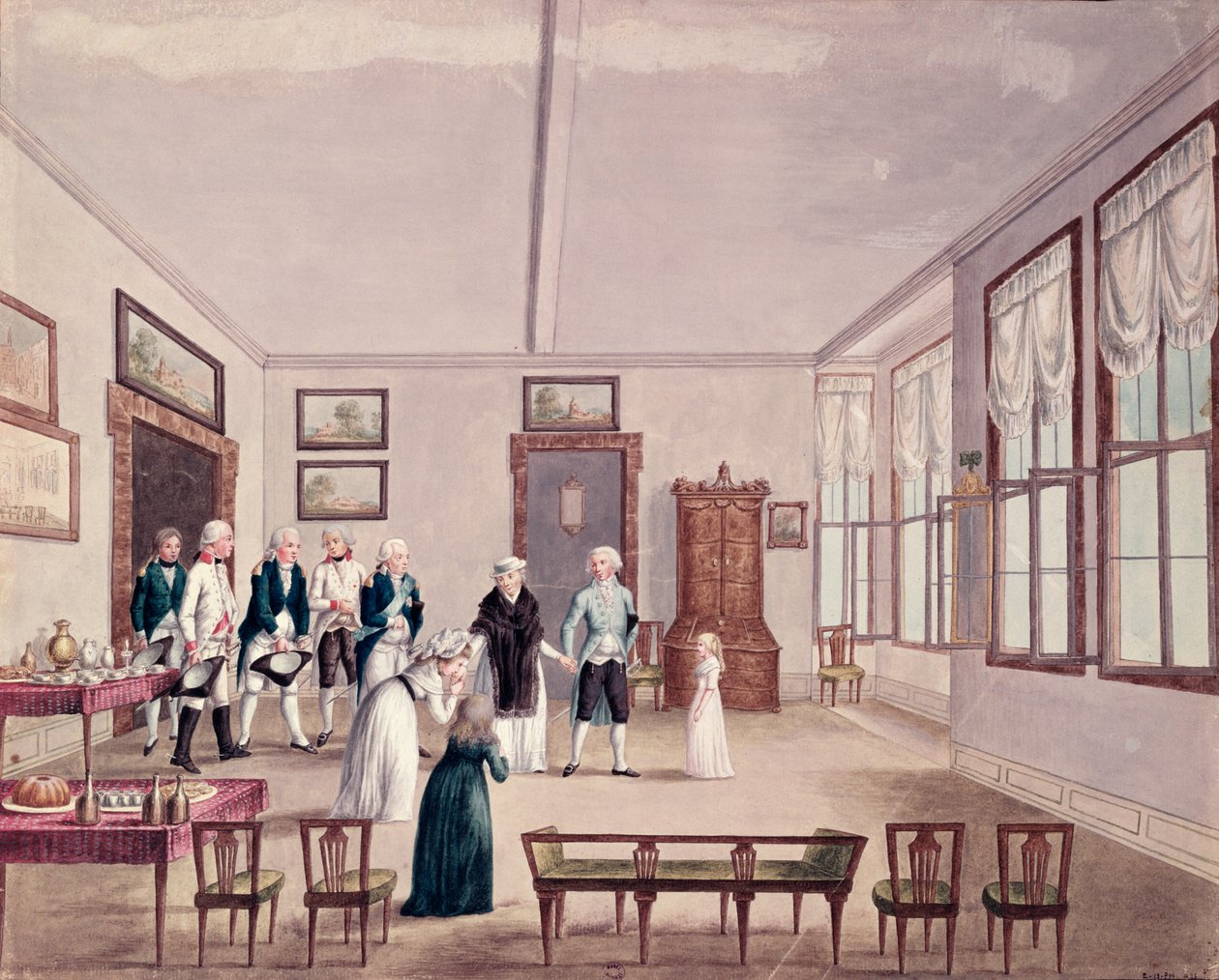 Marie-Therese-Charlotte de Bourbon, Madame Royale, møder sine kusiner kejser Frans II af Østrig og hans kone Maria Teresa i Wien efter hendes løsladelse i 1795 fra fængslet i Paris, ca. 1796 (wc) af French School