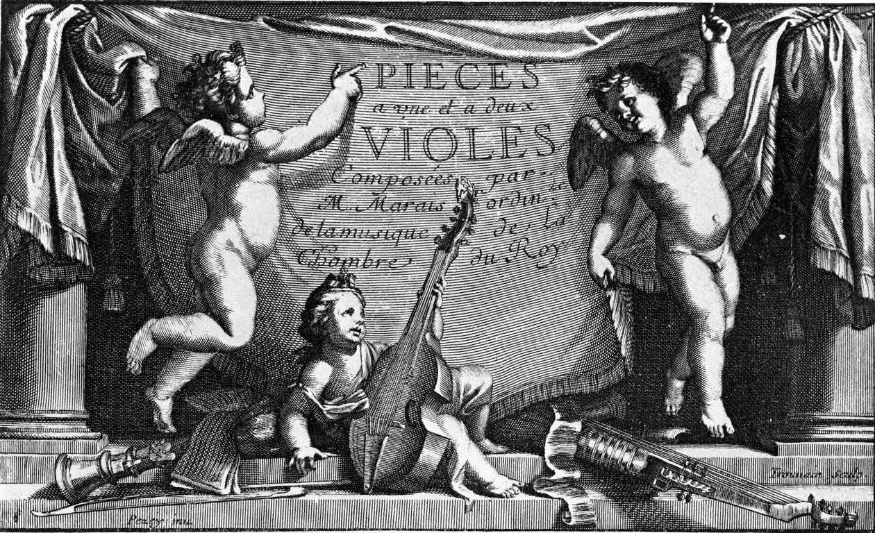 Marin Marais, frontispice af "Pieces a une et feus viololes" af French School