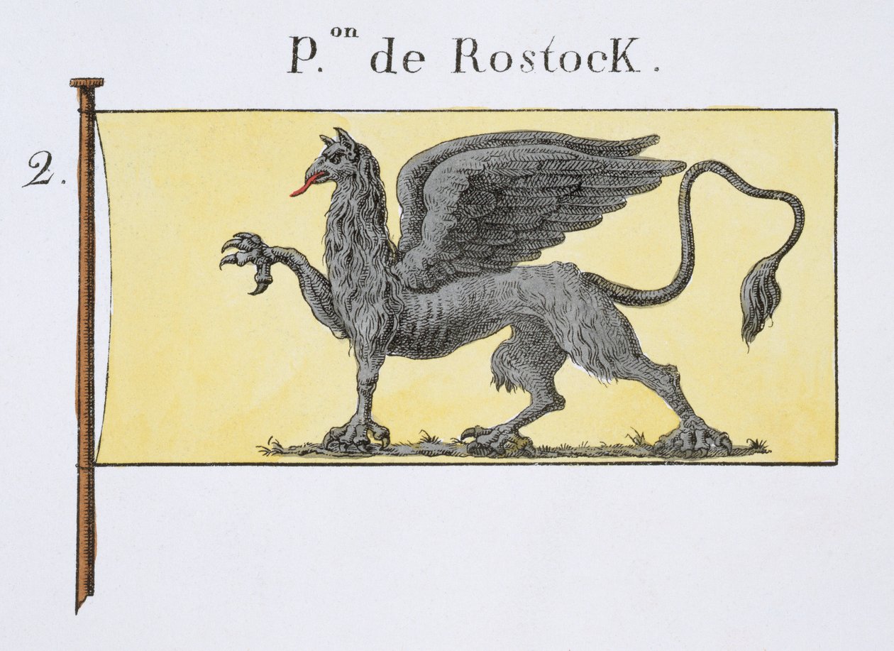 Maritimt flag med Griffin-emblem, der angiver de Rostock Crest, fra en fransk bog med flag, ca. 1819 af French School