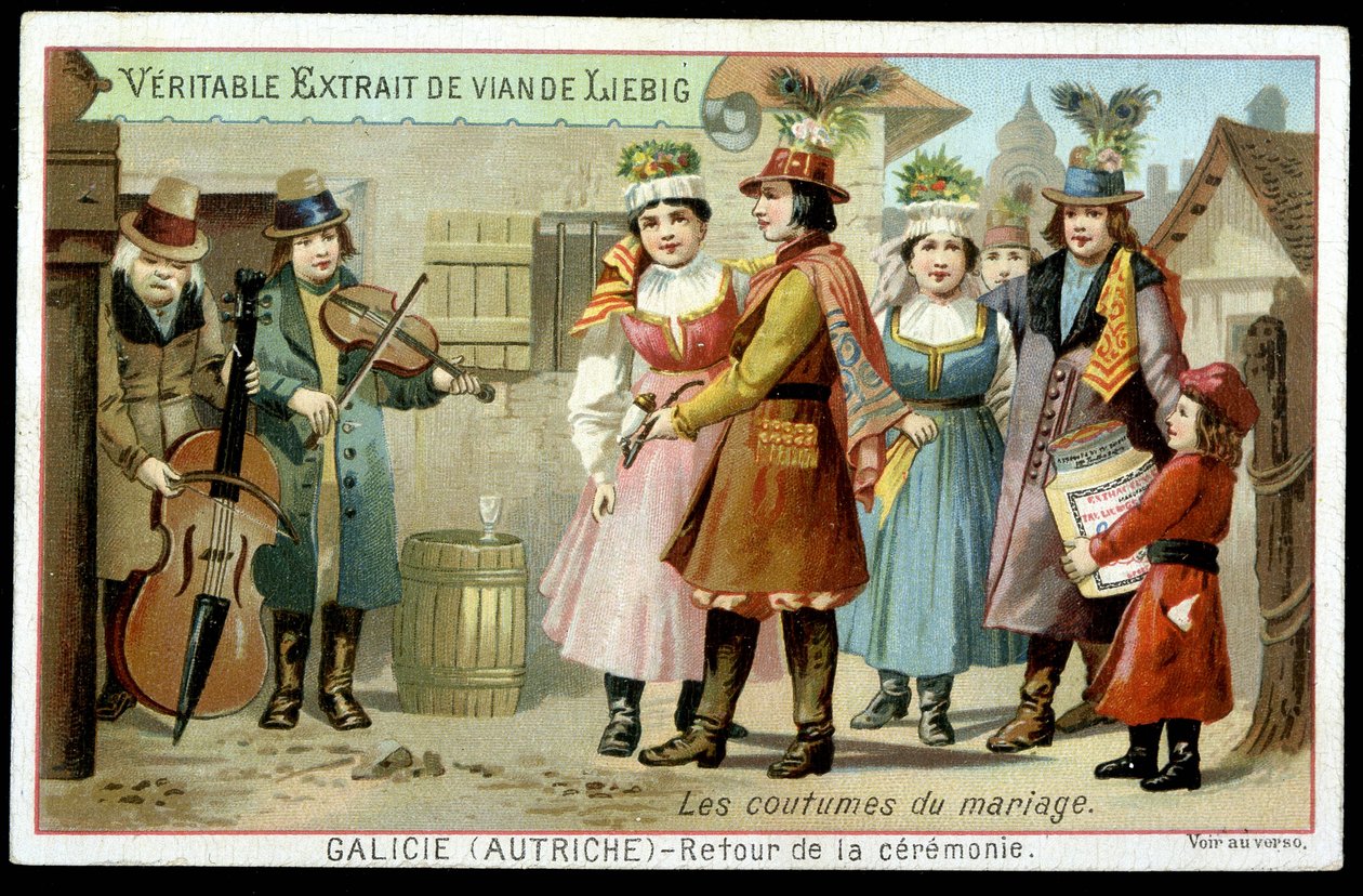 Ægteskabsskik: tilbagevenden af ceremonien i Galicien, Østrig - chromo. Liebig, v. 1895 af French School