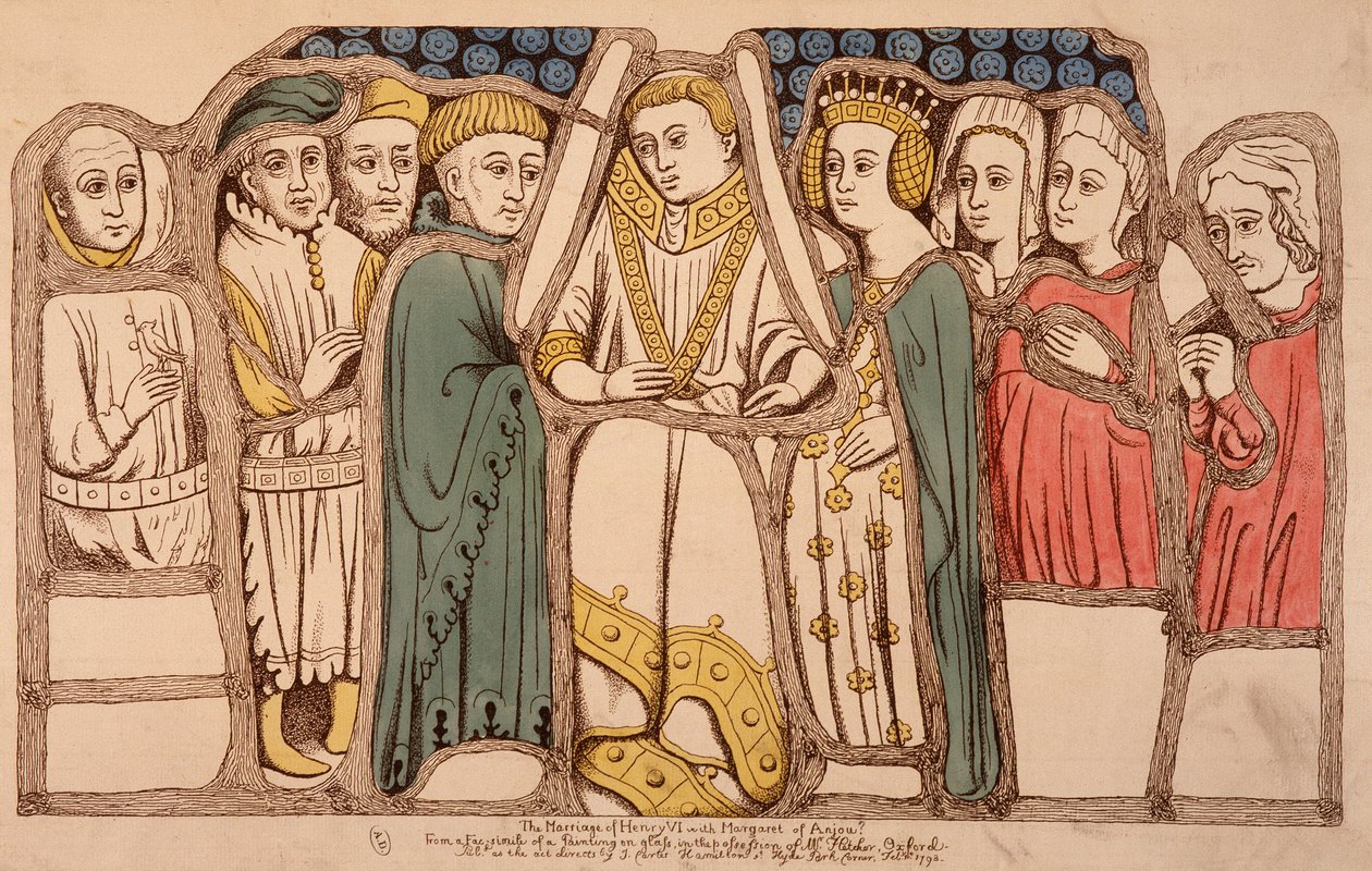 Ægteskab mellem Henrik VI af England (1421 - 1471) og Margarita af Anjou (1429 - 1482) i 1445. Stik fra 1793. Bibl. af Arts Deco i Paris. af French School