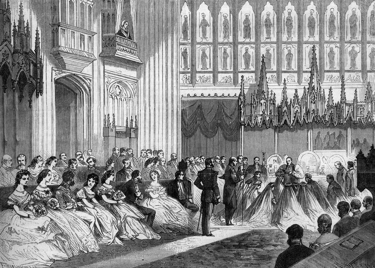 Ægteskab mellem Prins af Wales (1841-1910), kommende konge af England Edward VII, med prinsesse Alexandra af Danmark (1844-1925) fejret 10. marts 1863 i Windsor, England. Indgravering i "" Le Monde Illustré"" nr. 310 af 21. marts 1863. af French School