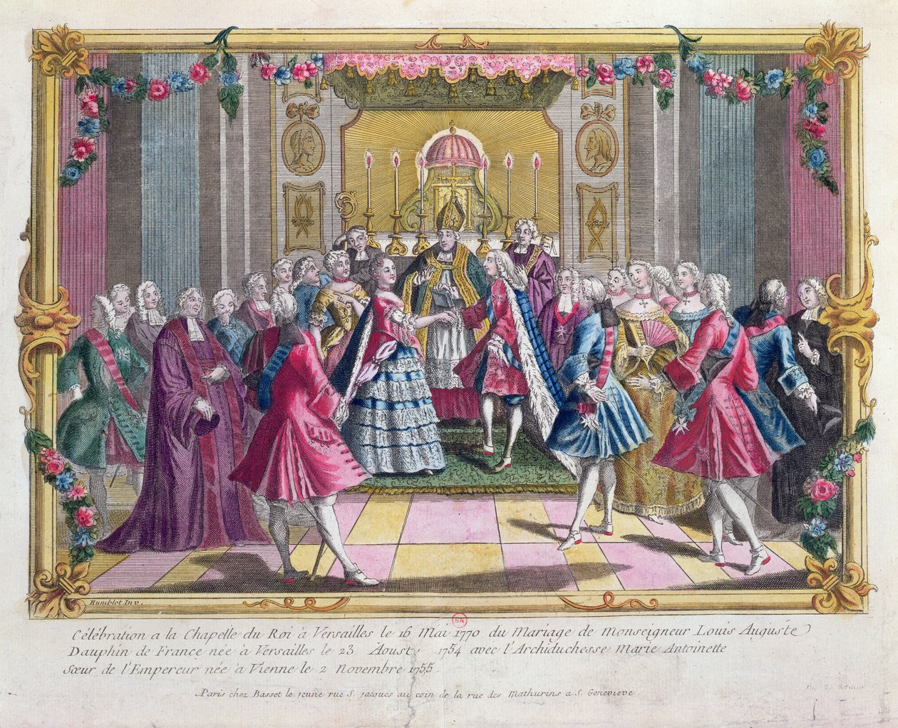 Ægteskab af Dauphin af Frankrig (fremtidig Ludvig XVI) med ærkehertuginde Marie-Antoinette i kapellet i Versailles den 16. maj 1770 af French School