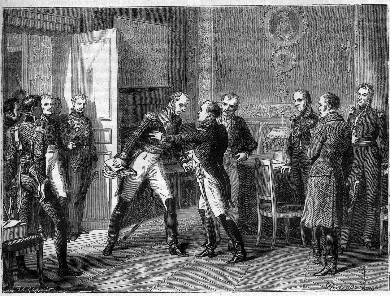 Marskal Michel Ney skifter side, slutter sig til sine tropper med Napoleon den 14. marts 1815 - Les Hundred Days - Interview med Marechal Michel Ney og Napoleon i Auxerre i 1815 - Marechal Ney proklamerer sig selv til fordel for Napoleon I vender tilbage f af French School