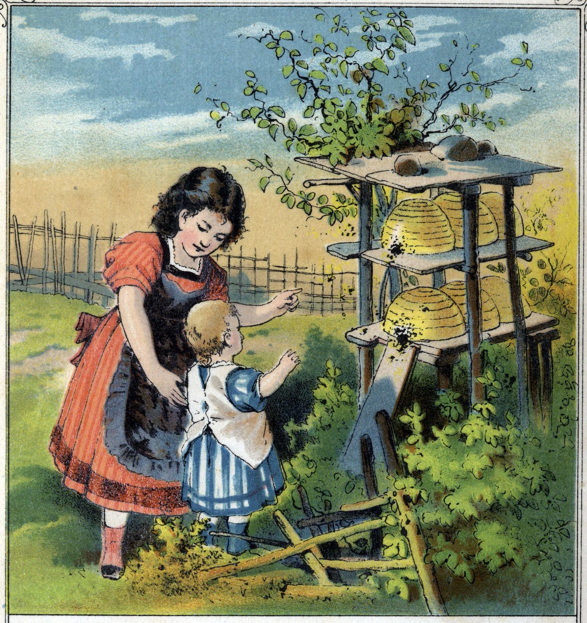 Martha viser biernes arbejde i stadet til sin lillesøster. Kromolitografi fra "" Scenes enfantines""" udg. Guerin - Muller omkring 1885. af French School