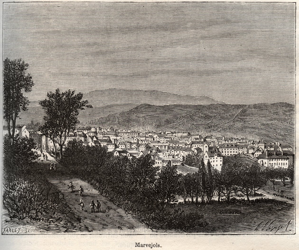 Marvejols - Lozere - Languedoc-Roussillon - indgravering i "La France illustrée: geografi, historie, statistisk administration" af V.-A. Malt brun. 1884 af French School