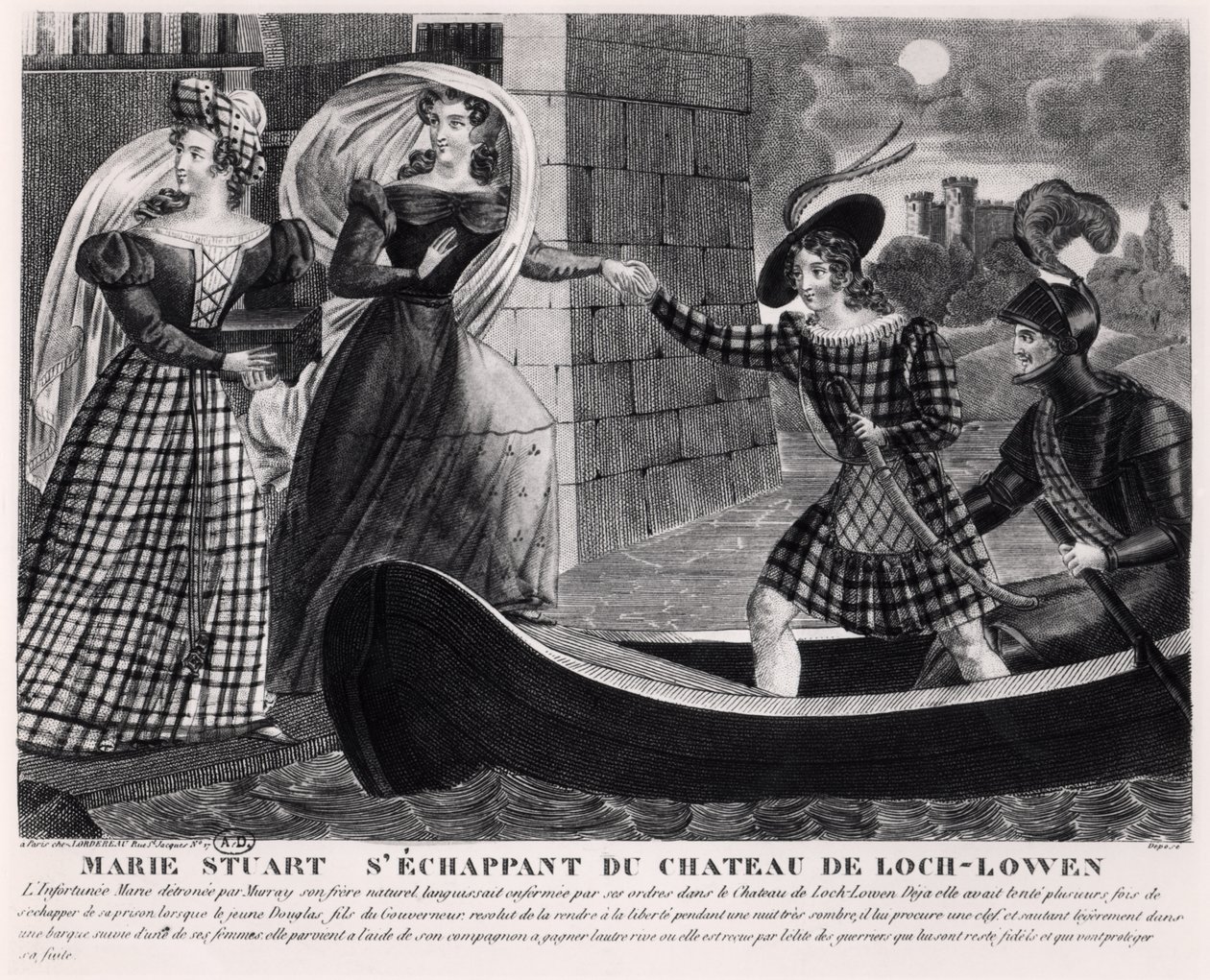 Mary Stuart (1542-87) på flugt fra Loch Leven Castle af French School