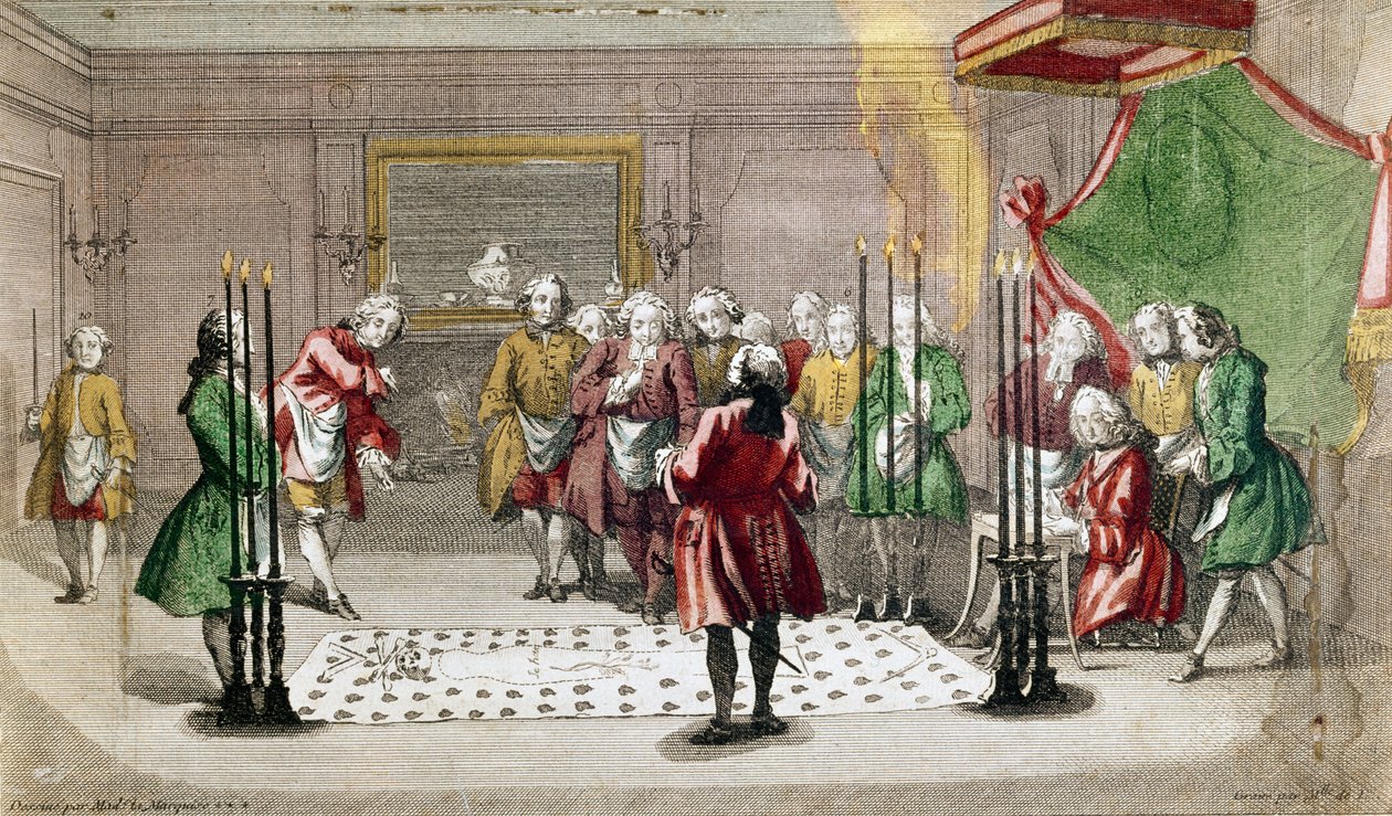 Frimurerceremoni i Frankrig (farvegravering) af French School