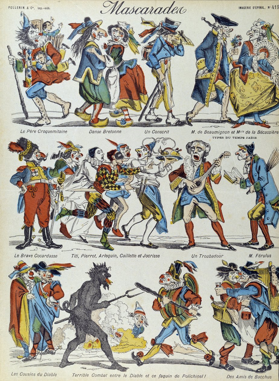 Maskerade: maskerede karikaturfigurer - Billede af Epinal af French School