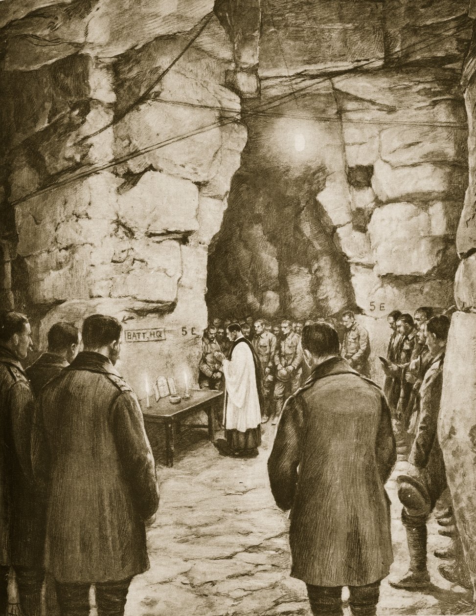 Masse taget før kamp i de franske huler, 1914-19 af French School