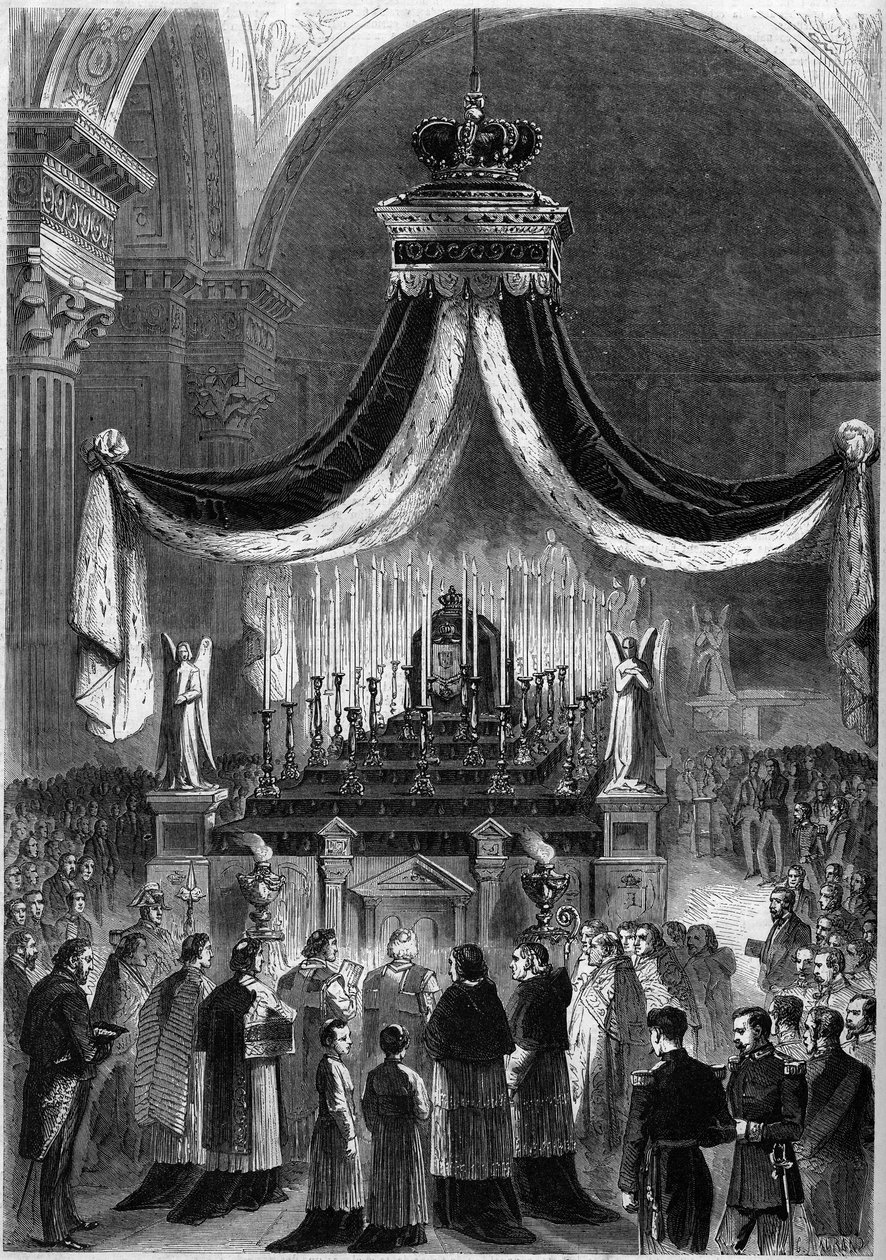 Messe fejret i Madeleine-kirken i Paris, 21. november 1861, til minde om kong Peter V (Pedro V) og hans bror, Fernand (Fernando) af Portugal. Indgravering i "" Le Monde Illustré"" nr. 242 af 30. november af French School