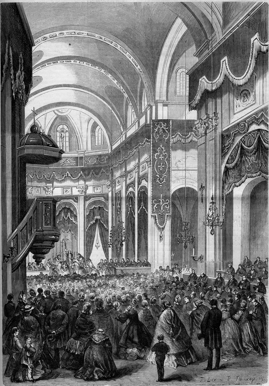 Allehelgensmesse fejret i kirken Saint Nicolas du Chardonnet i Paris, dekoreret som Sankt Peter af Rom for kanoniseringen af Japans martyrer. 1862. Indgravering i "" Le Monde Illustré"" nr. 291 af 8. november 1862. af French School