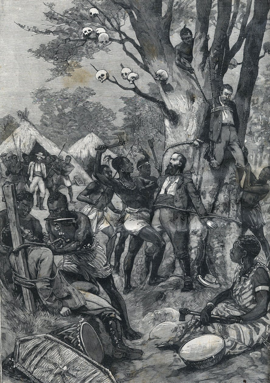 Massakre i Congo: Europæernes forsyninger fra kannibaler. I "Le petit Parisien"" fra 1898. af French School