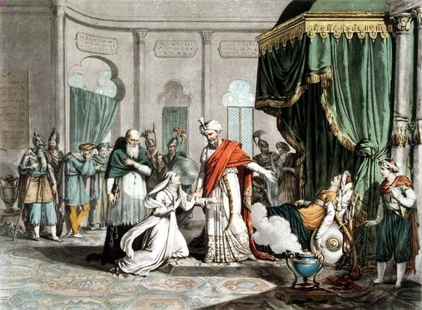 Mathilda beder Saladin om liget af Malek-Adhel, graveret af Pierre Michel Alix (1762-1817) (gravering) af French School