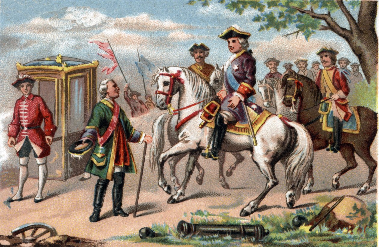 Maurice af Sachsen, marechal af Sachsen (1696-1750), sejrende i slaget ved Fontenoy, mødte Ludvig XV af Frankrig (1710-1774). Kromolitografi omkring 1890. af French School
