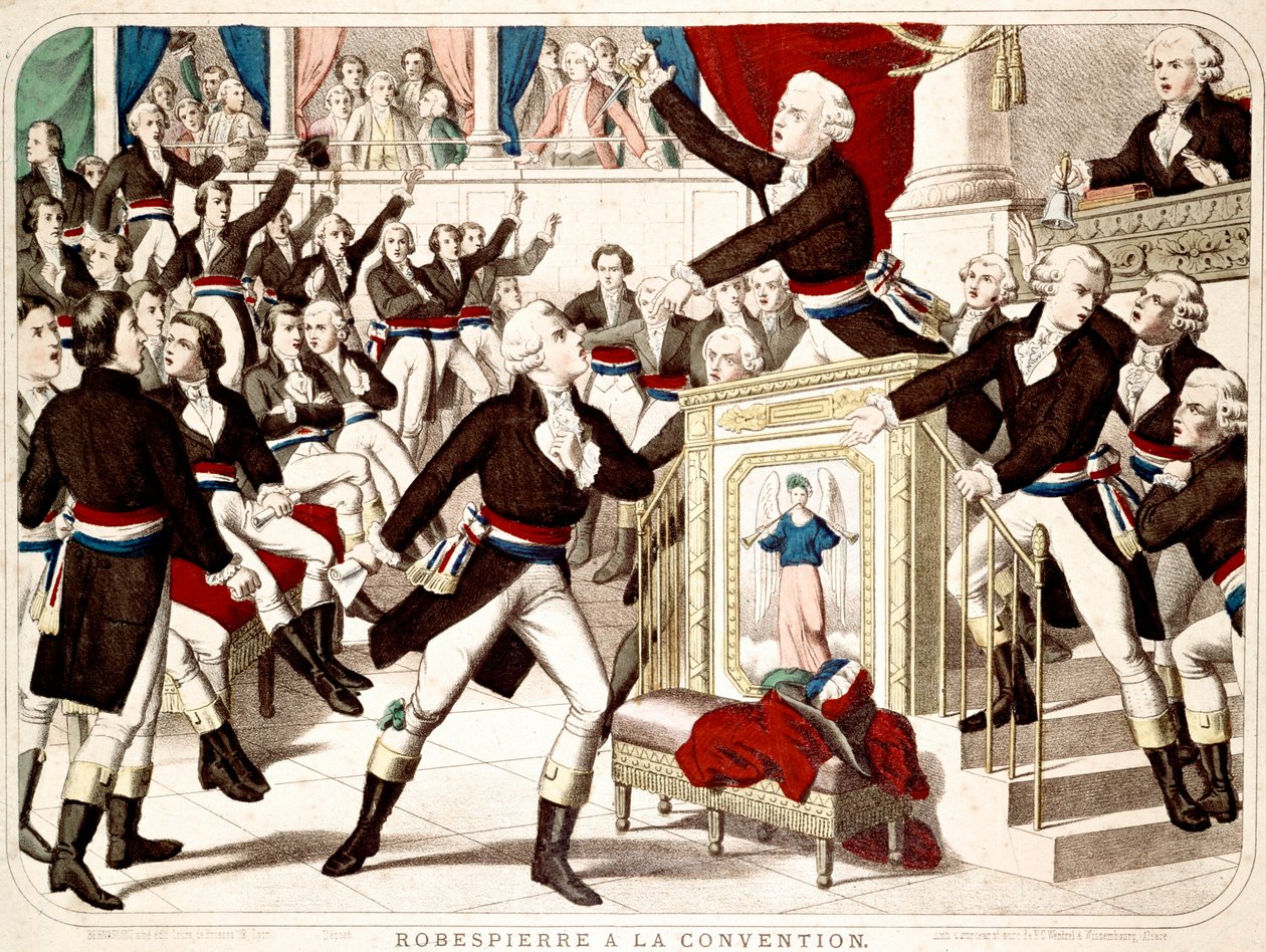 Maximilian Robespierre ved konventet (Seance of 19 Thermidor 1794), Jean Lambert (Jean-Lambert) Tallian truer Robespierre med en kniv - Populær gravering af perioden af French School