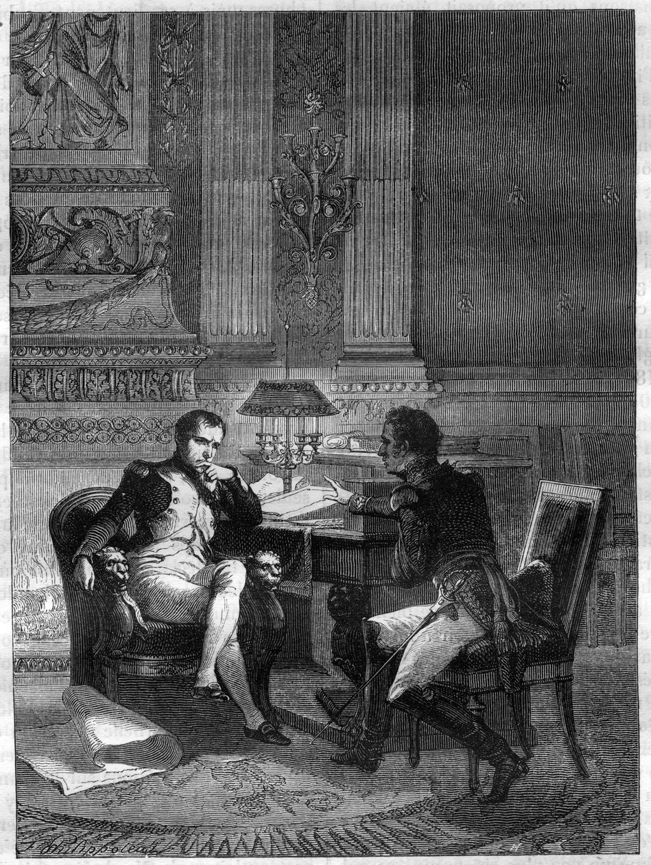 Maximilien Sebastien Foy (1775 - 1825), fransk general, rapporterer til kejser Napoleon I om situationen ved linjerne i Torres Vedras af French School