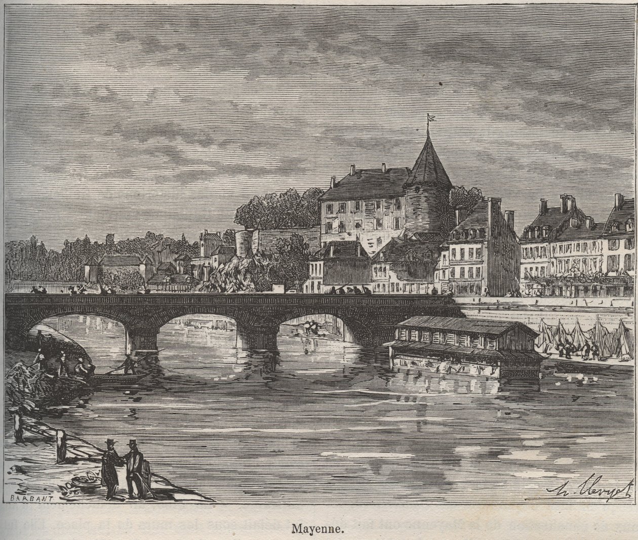 Mayenne er en kommune i det vestlige Frankrig i regionen Pays de la Loire - indgravering i "La France illustree: geography, history, administration statistique" af V.-A. Malt-brun. 1884 af French School