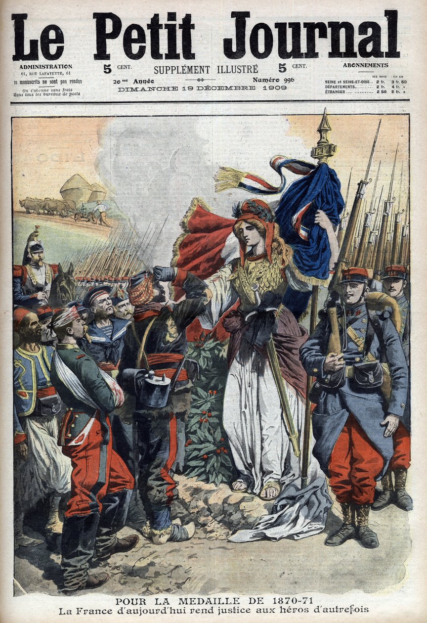 Medalje til veteraner fra krigen 1870-1871: allegori om Frankrig, der yder retfærdighed til fortidens helte - "Le Petit Journal" af 19. december 1909 (gravering) af French School