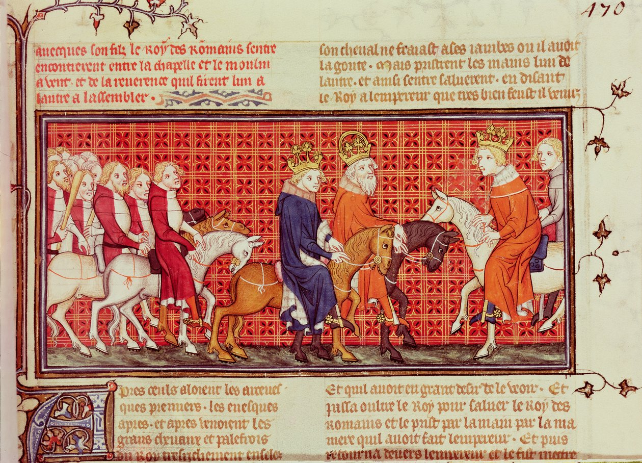 Møde mellem Charles V (1338-80) af Frankrig og den hellige romerske kejser Charles IV (1316-78) Ledsaget af romernes konge, fra Grandes Chroniques de France af French School