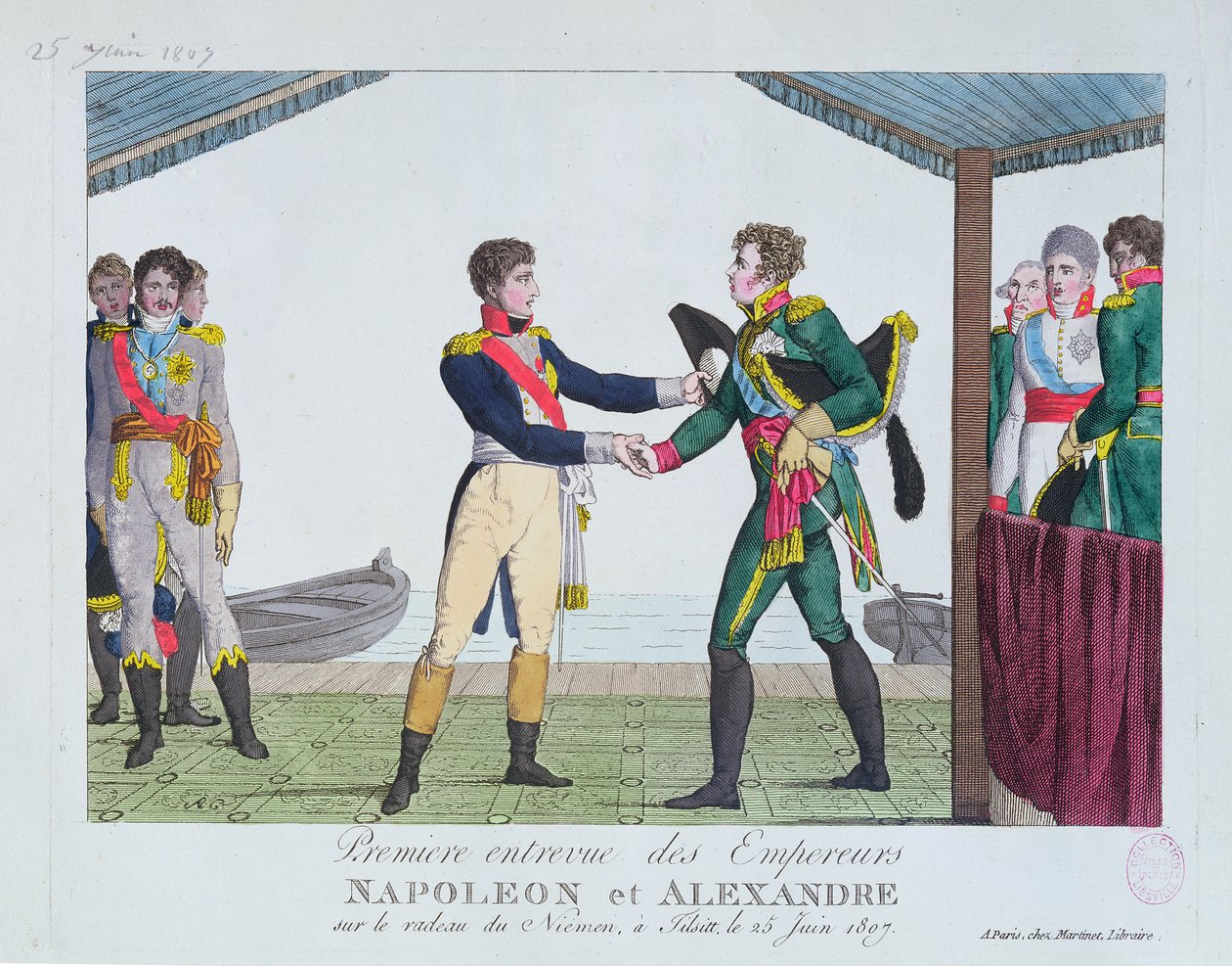 Møde mellem Napoleon I og Alexander I, i Tilsit, 25. juni, 1807 af French School