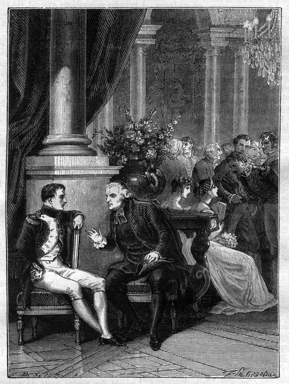 Møde i Genes (Genova) i Italien af Napoleon I med kardinal Jean Siffrein Maury (1746-1817) 1805 - i "History of the Empire following the history of the consulat"" af Adolphe Thiers - 1879 - privat samling af French School