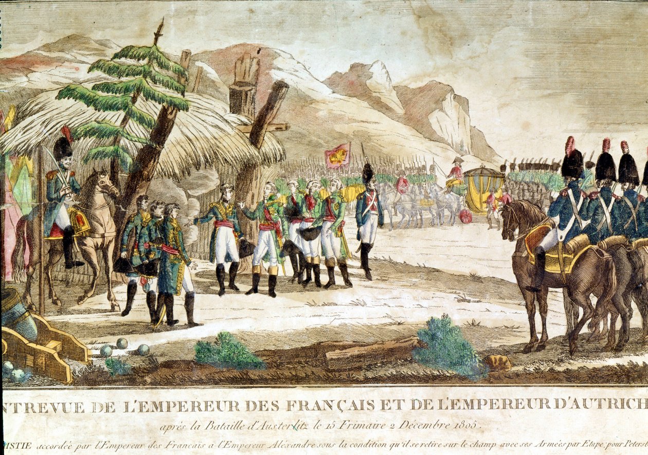 Møde mellem kejser Napoleon I og kejser af Østrig, Francois II (1768 - 1835) efter slaget ved Austerlitz den 2/12/1805. af French School
