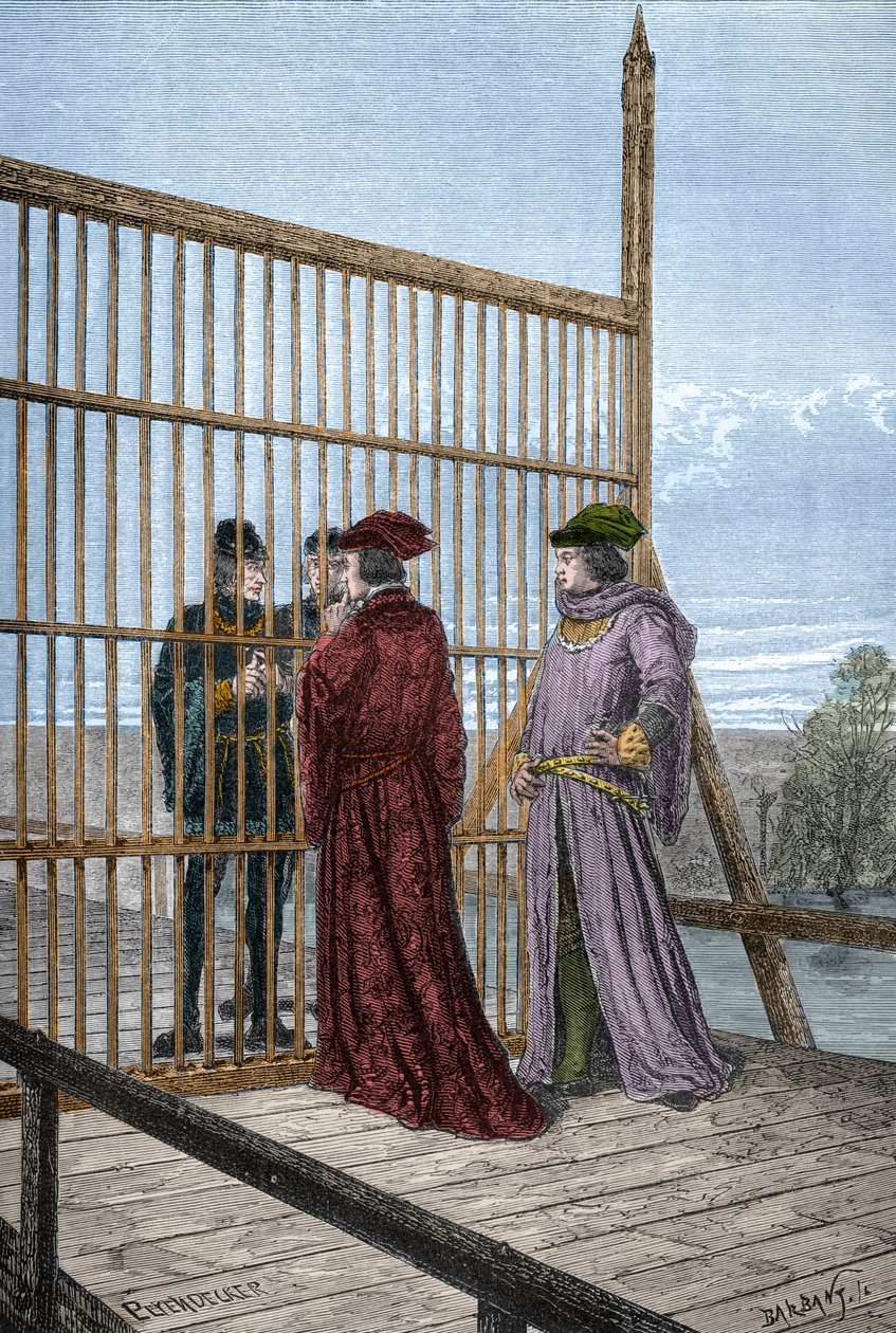 Møde mellem kong Edward IV og Ludvig XI af Frankrig i Pecquigny - Treat de Picquigny (afdelingen af Somme) den 29. august 1475 mellem Ludvig XI og Edward IV afslutter Hundredårskrigen - indgravering i "L