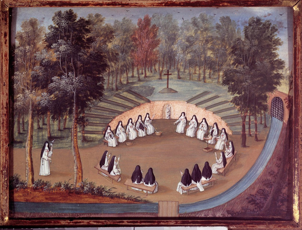 Møde med nonner på Port Royal des Champs (Port Royal des Champs) i en konference i ensomhed. Anonymt maleri fra det 18. århundrede. Port royal, musee des Granges - Møde for religiøse søstre på "Port Royal des Champs"". Nons