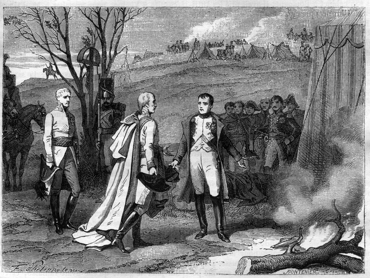 Møde mellem to kejsere efter slaget ved Austerlitz, 4. december 1805 (Napoleon Bonaparte af French School