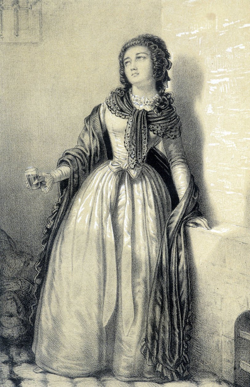 Melle (Mademoiselle) de Sombreuil fængslet i klosteret Saint Germain og drikker et glas blod for at redde sin far fra de revolutionæres hænder - i "Galerie historique de la Revolution Française"" af Albert Maurin, red. Paris 1843 af French School